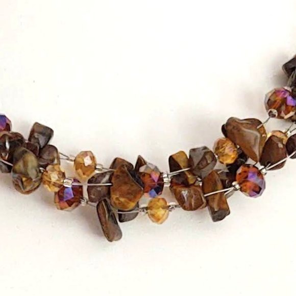 Brown stone & cognac crystal bead necklace on wire - Picture 5 of 7